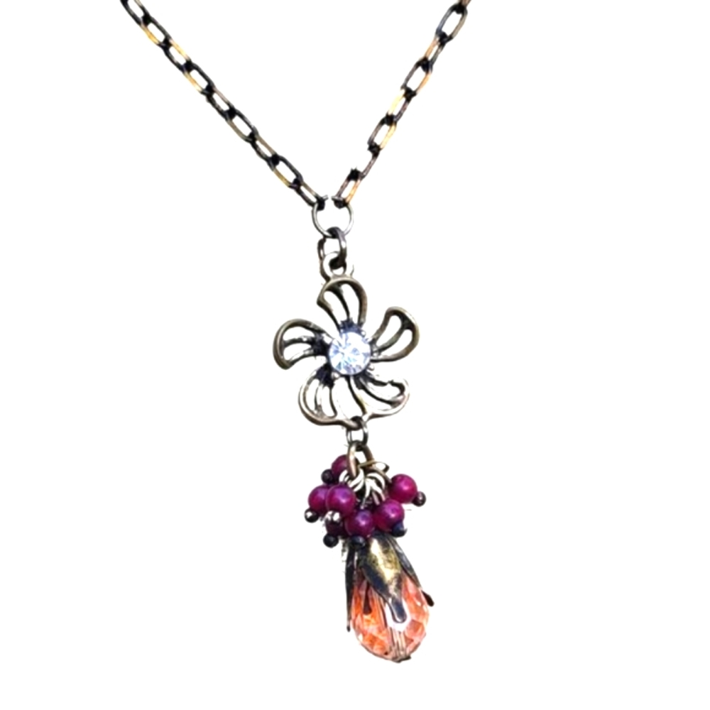 Vintage Flower Acorn Burgundy Beaded Necklace